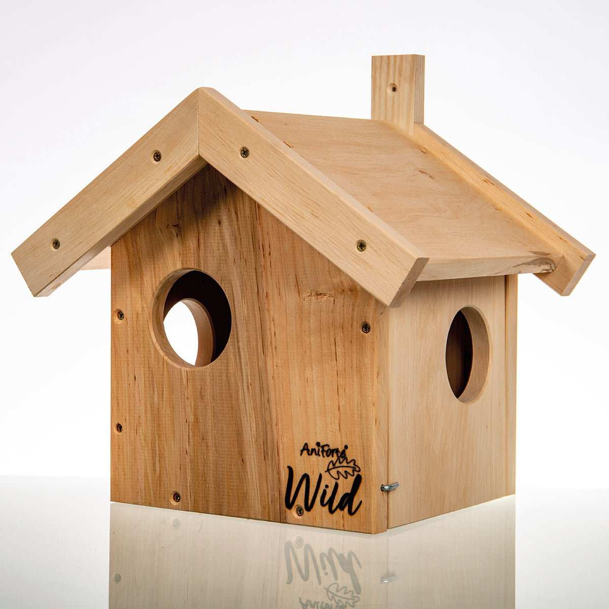 Weather-resistant wooden squirrel nesting box with escape holes and logo.
