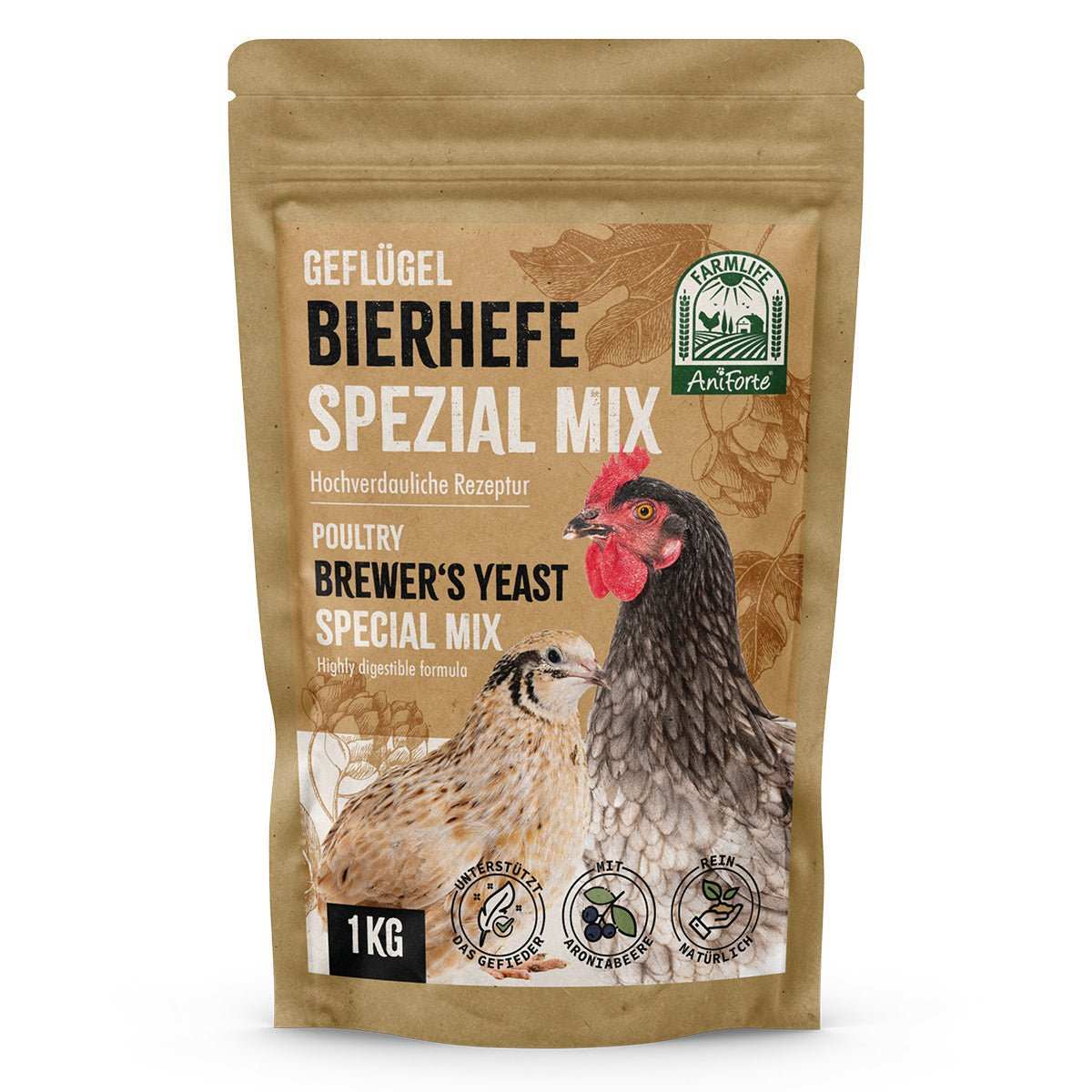 FarmLife Geflügel Bierhefe Spezial Mix poultry supplement packaging with chickens, high-digestibility formula, 1kg.