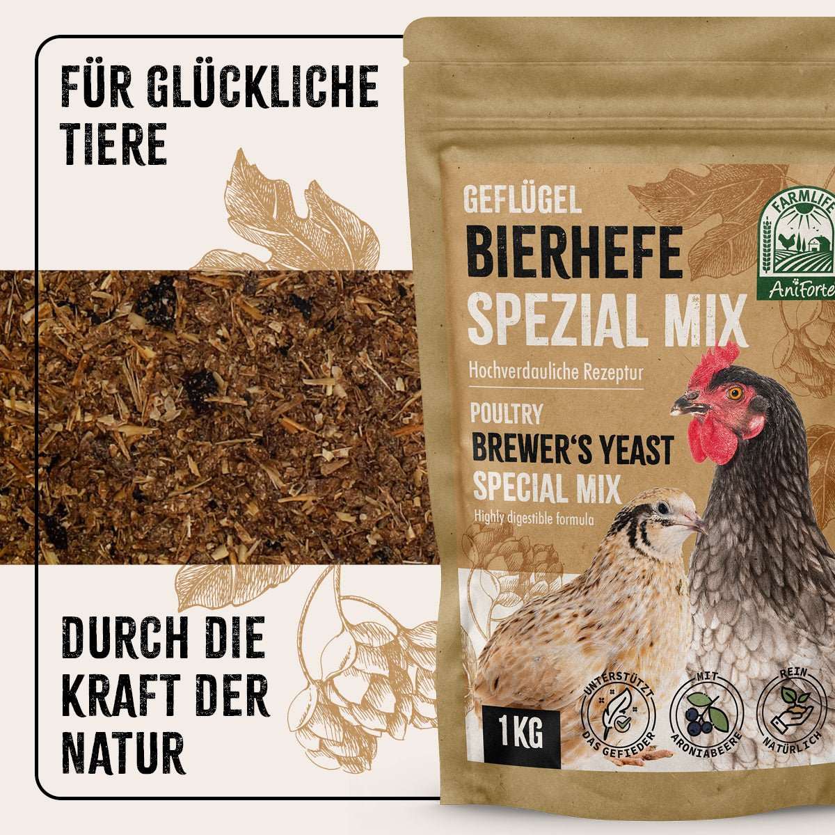 FarmLife Geflügel Bierhefe Spezial Mix Packung mit Hühnerabbildung, natürliche Zutaten für Geflügel, 1kg.