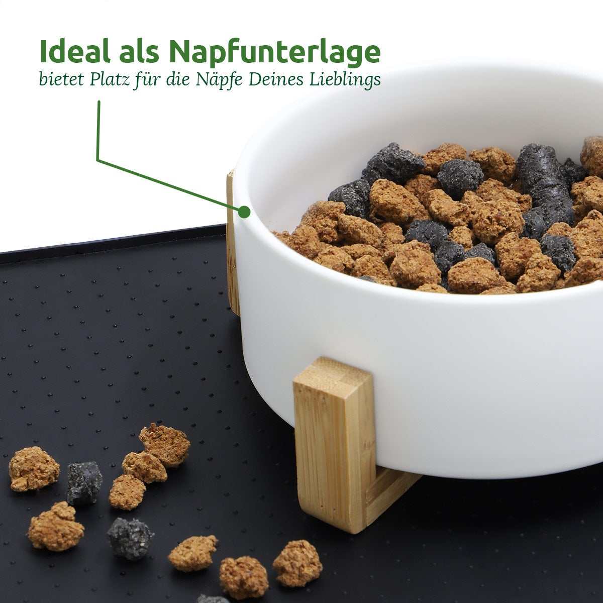 Napfunterlage aus lebensmittelechtem Silikon, rutschfest mit Auslaufschutz, ideal für Hunde- und Katzenfutterplatz.