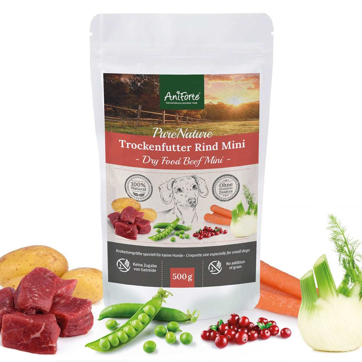 Trockenfutter Rind Mini für kleine Hunde mit Rind, Möhren, Kartoffeln, Fenchel und Preiselbeeren, getreidefrei und reich an Omega-3.